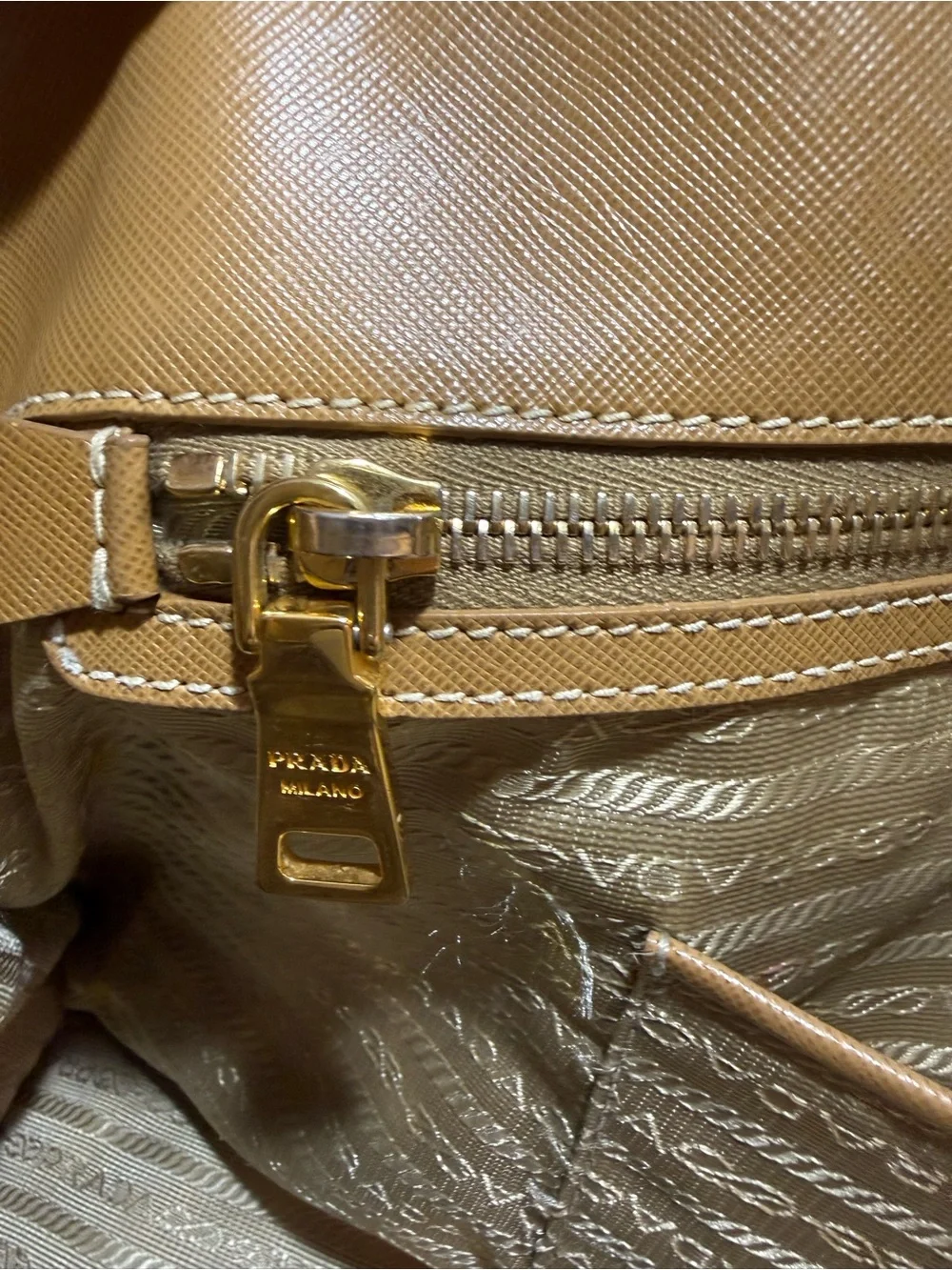 Prada Beige Canvas with Brown Saffiano Trim Tote